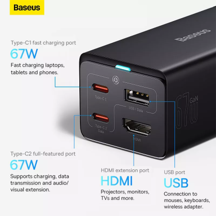 Baseus GaN5 Pro Desktop Fast Charger USB Dual Type C HDMI 67W With 1