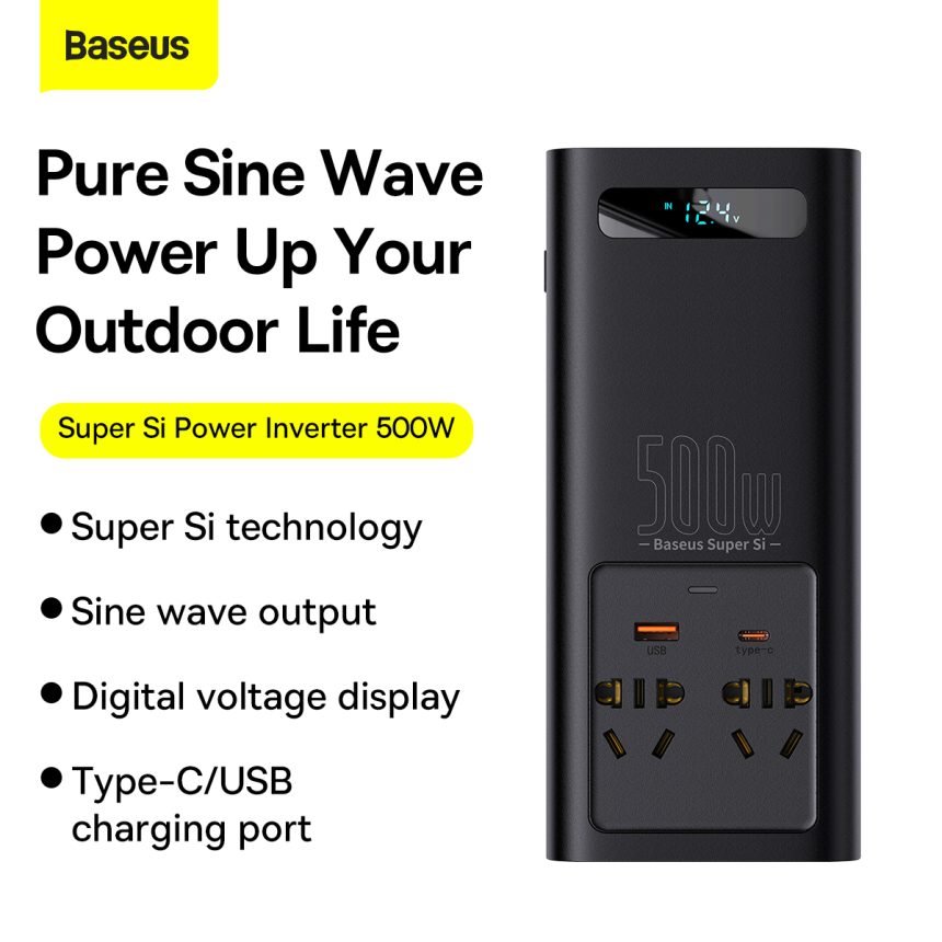 Baseus Super Si Power Inverter 500W (220V CN/EU ) Black - Baseus Pakistan