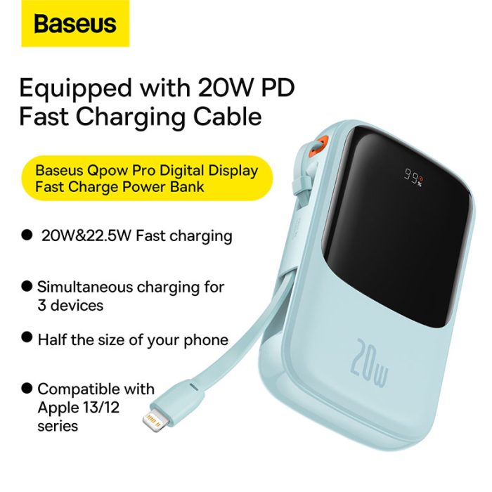 Baseus Qpow Pro Digital Display Fast Charge Power Bank 10000mAh 20W iP Edition Blue