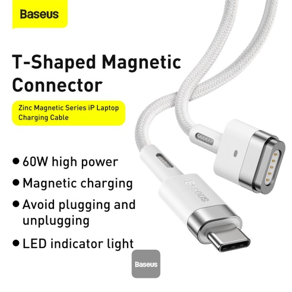 Baseus Zinc Magnetic Series iPhone Laptop Charging Cable Type C to L shaped Port 60W 2M White Price in Pakistan