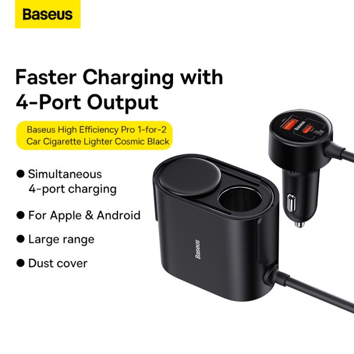 Baseus High Efficiency Pro 1-for-2 Car Cigarette Lighter 30W