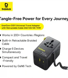 Baseus EnerCore CG11 Universal Travel Adapter with Retractable Cable 2AC+2U+2C 70W